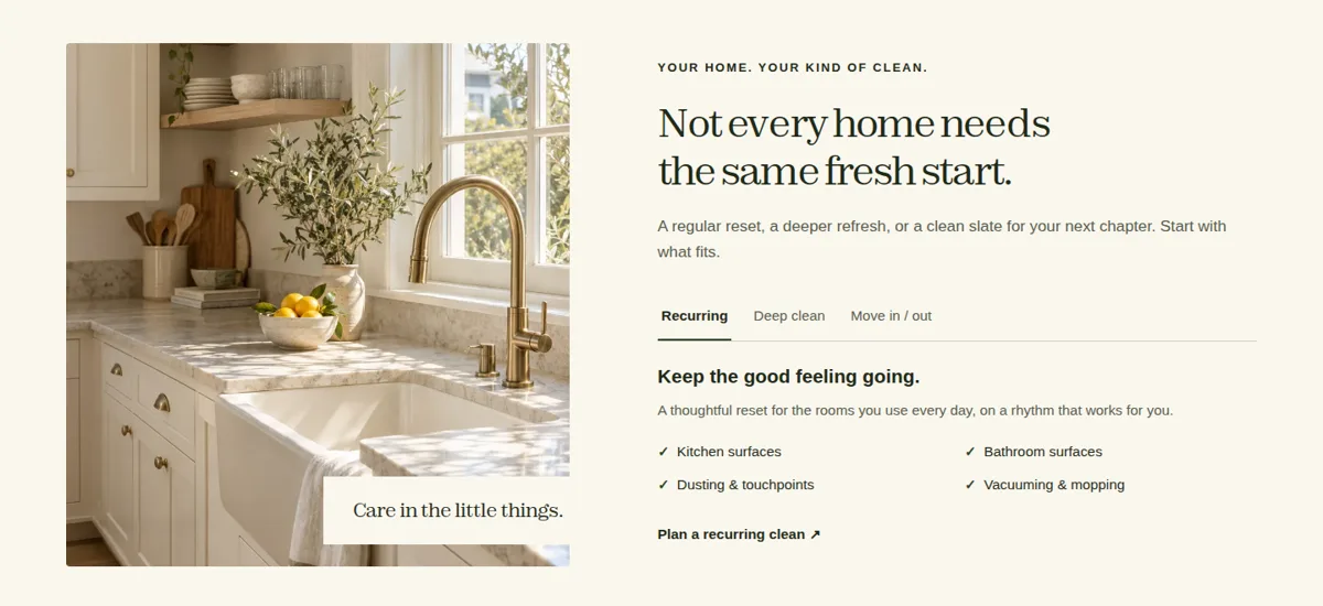 Stillwell services section showing a kitchen photo and tabs for recurring, deep, and move-in or move-out cleaning.